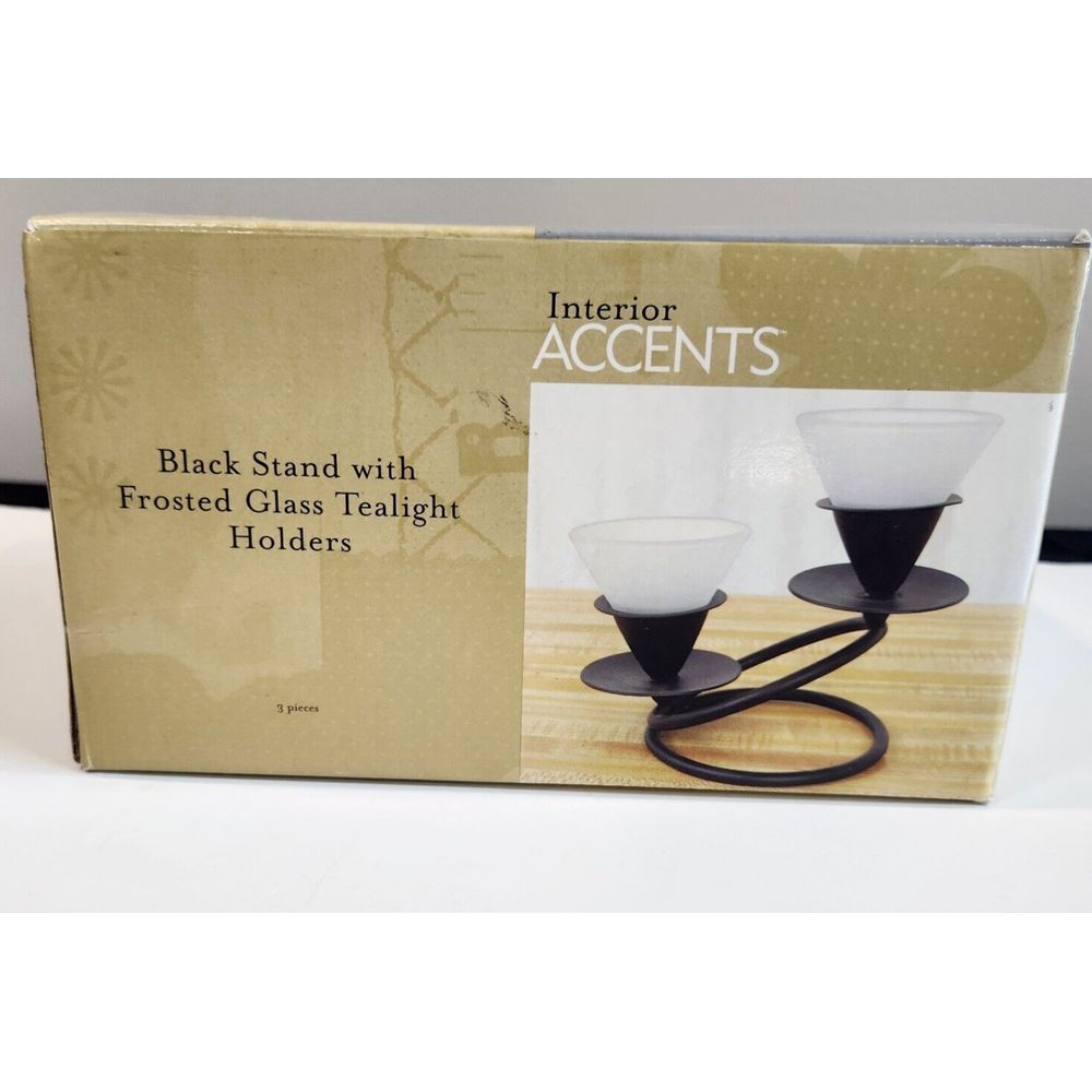 Black Stand With Two Frosted Glass Tealight Holders New with Box